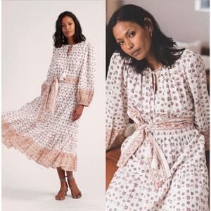 Cleobella Blakely Floral Long Sleeve Midi Dress in White Brown Large